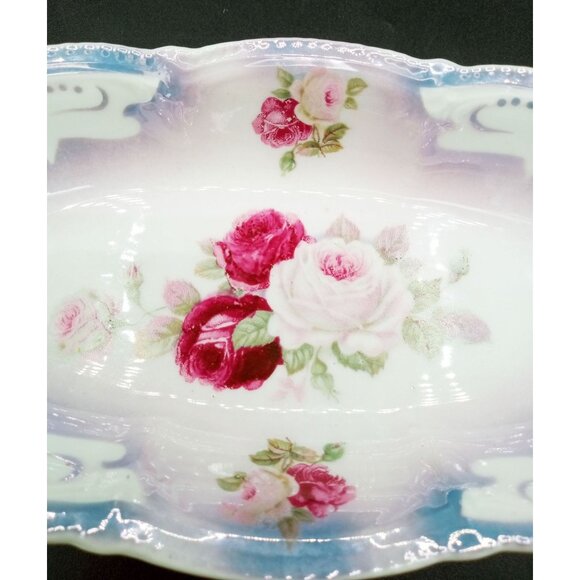 Lusterware Relish Tray Handles Rose Floral Porcelain Dish Vintage German 9.5" - Picture 6 of 15